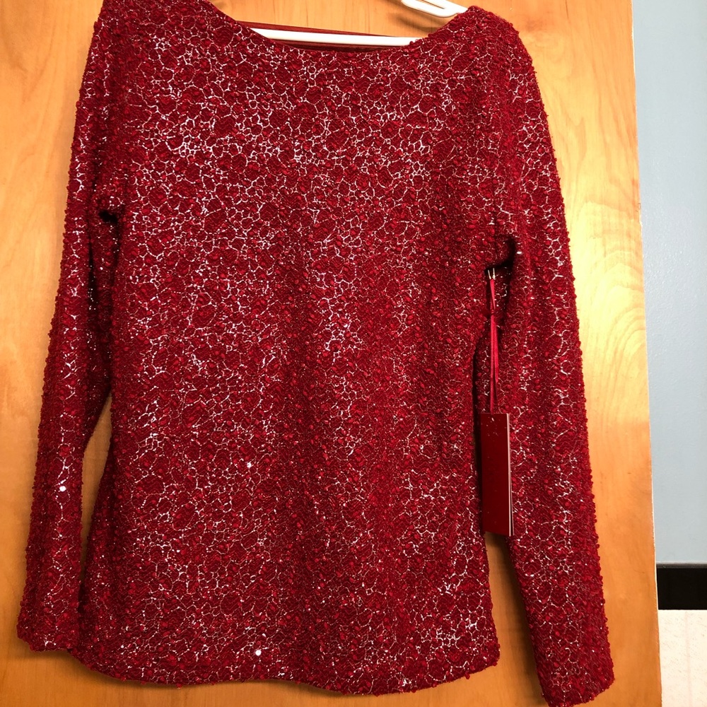 Red Metallic Open V-Back Long Sleeve Top